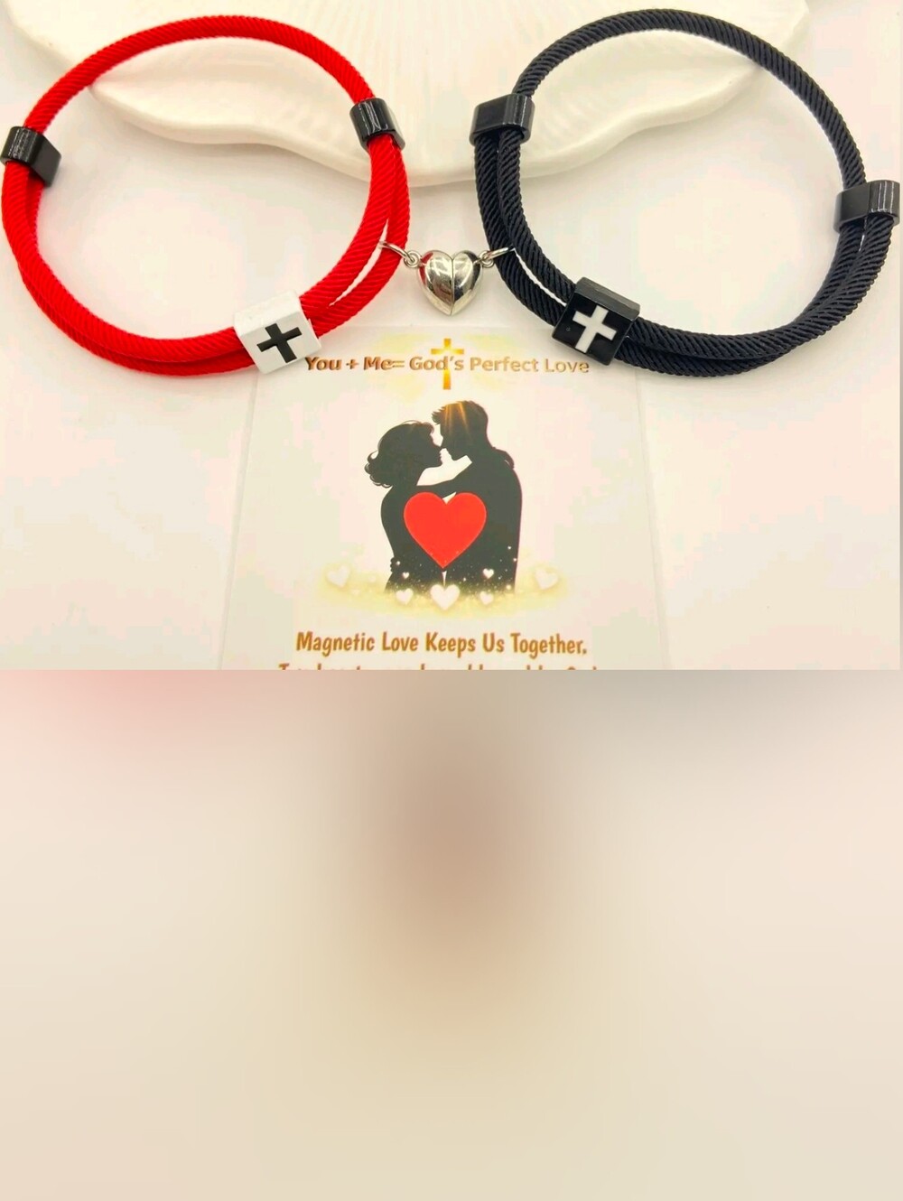 Magnetic Couple Bracelet Set with Heart Charm - Red & Black